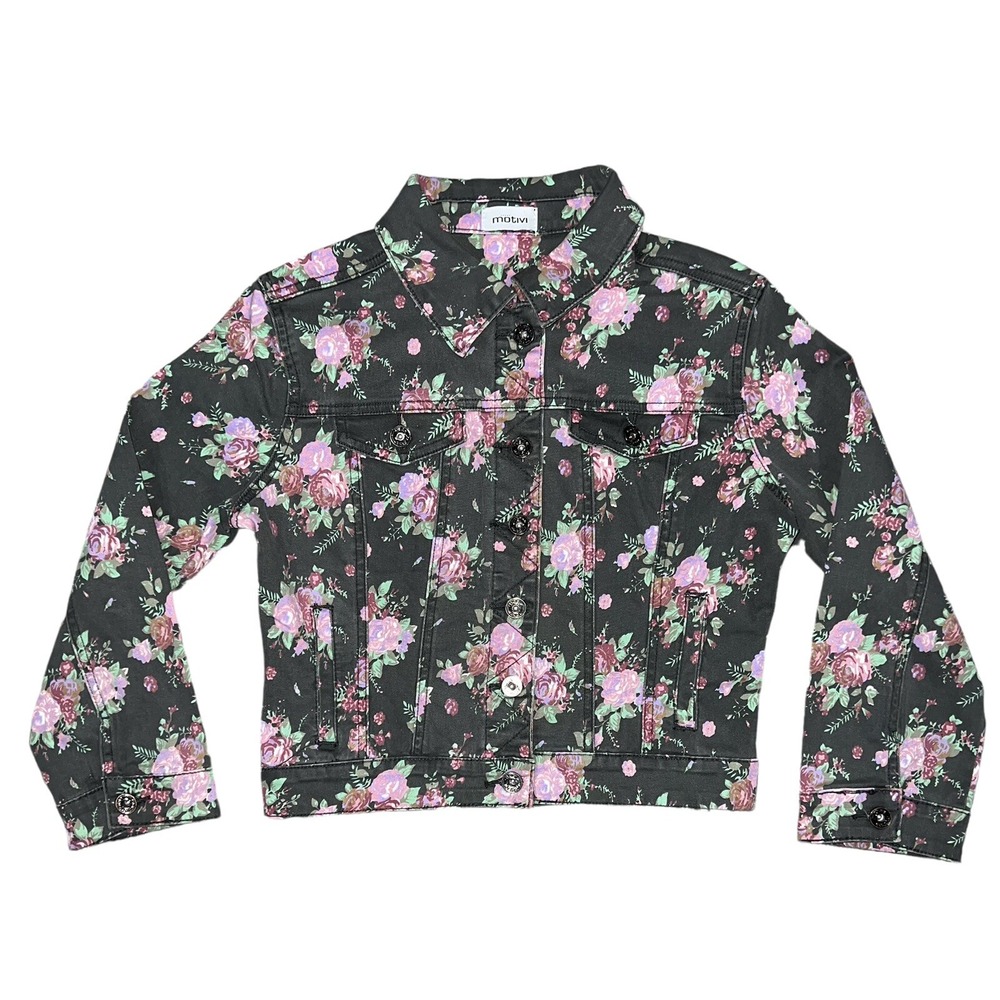 Motivi Denim Floral  Pink Rose Print Jacket - Gray - Size 6